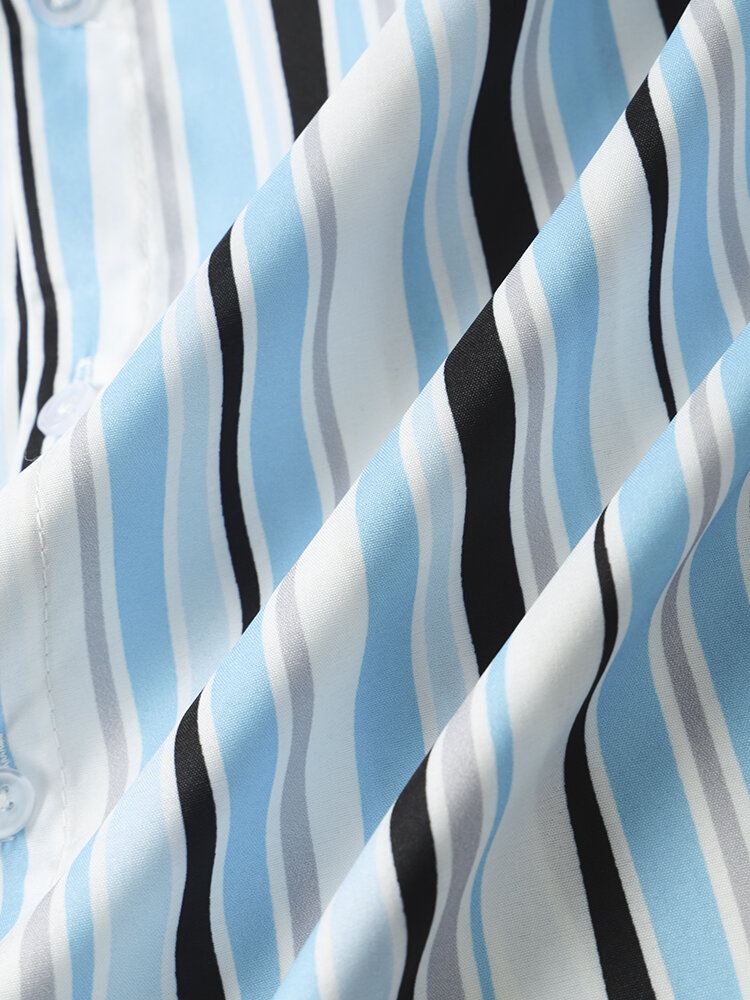 Heren Gestreepte Print Gebogen Zoom Revers Vakantie Ademende Zomer Shirts