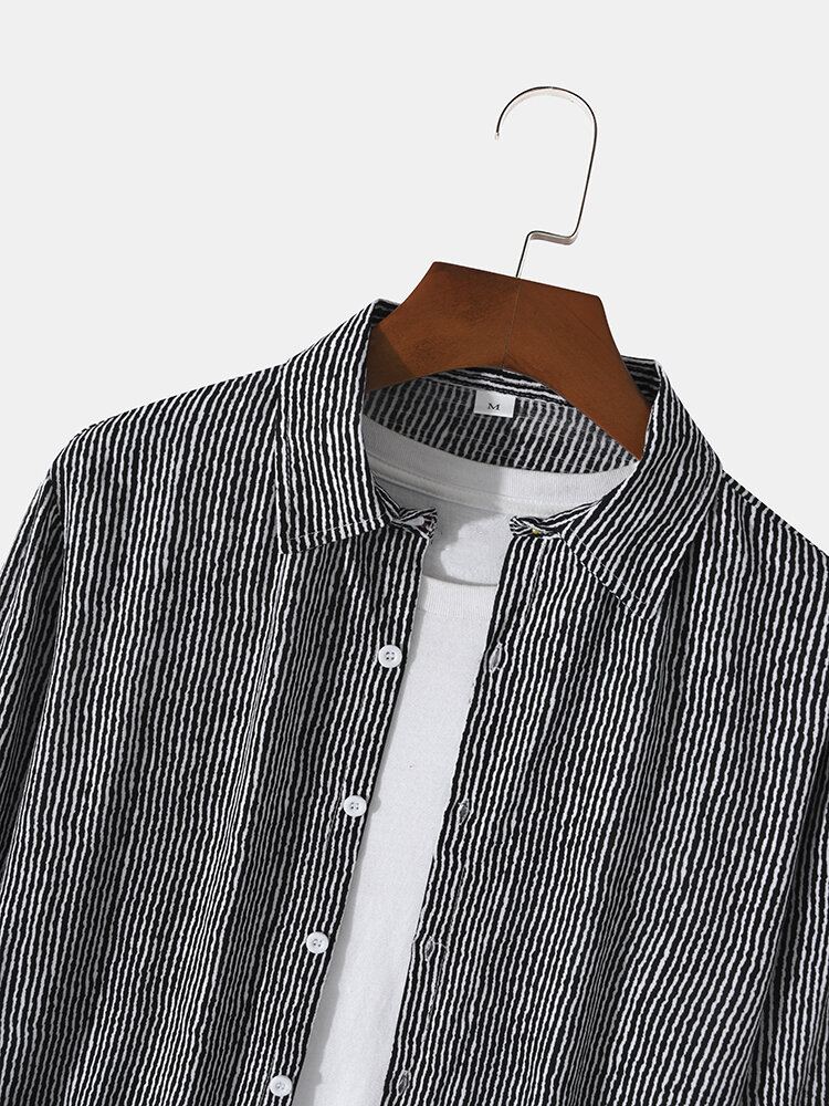 Heren Katoenen Krijtstreep Button-up Revers Shirt Met Lange Mouwen
