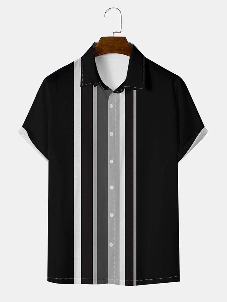Heren Onregelmatige Gestreepte Print Korte Mouwen Zoom Manchet Reverskraag Gezellige Casual Shirts