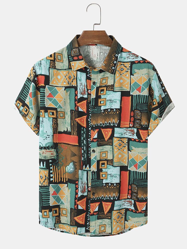 Heren Overhemden Met Kleurrijke Geometrische Print En Etnische Stijl Met Korte Mouwen