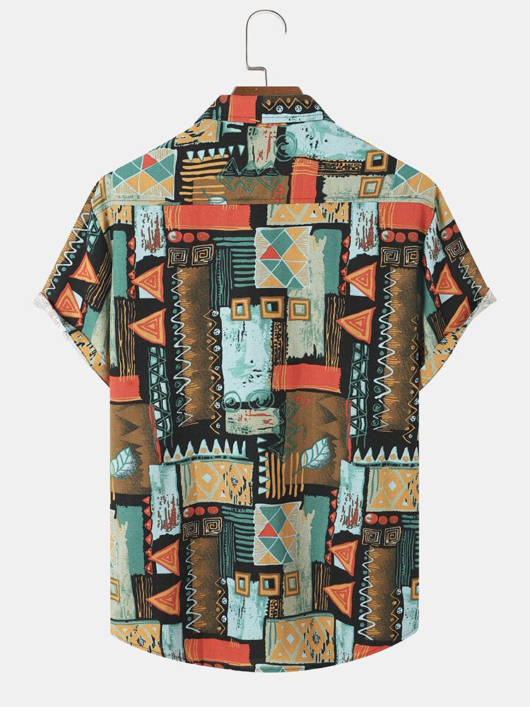 Heren Overhemden Met Kleurrijke Geometrische Print En Etnische Stijl Met Korte Mouwen