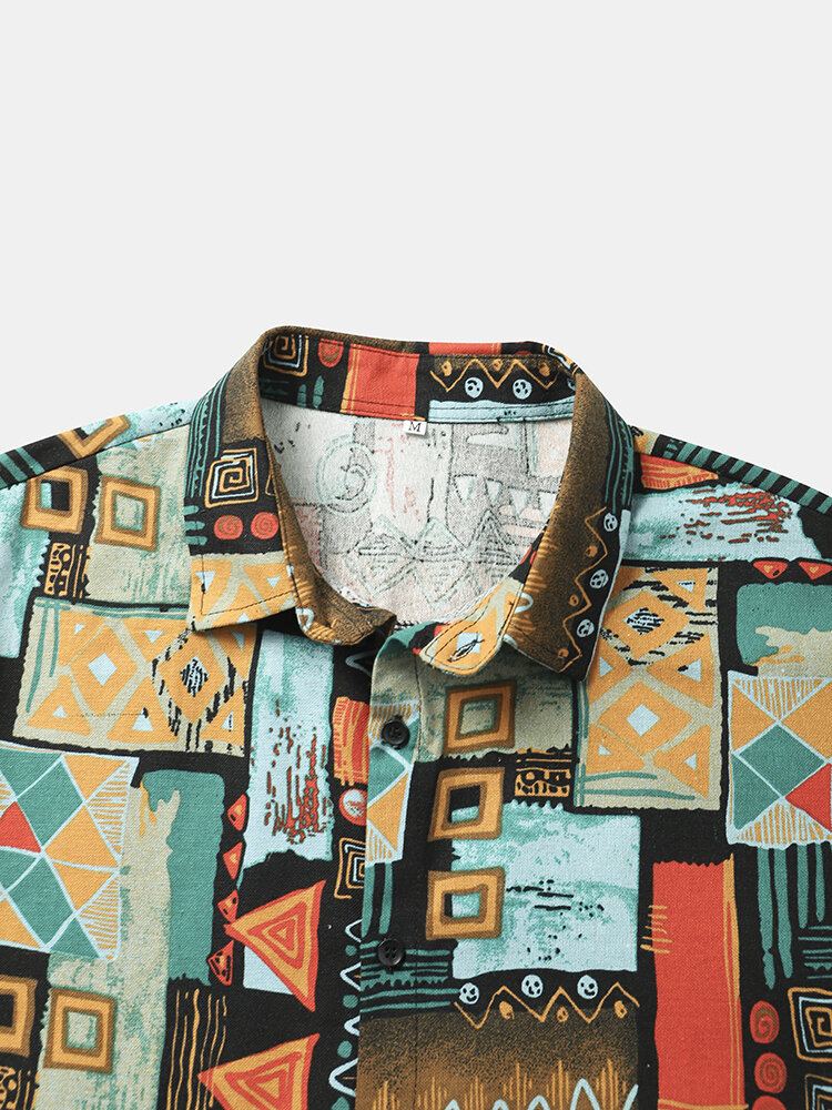Heren Overhemden Met Kleurrijke Geometrische Print En Etnische Stijl Met Korte Mouwen