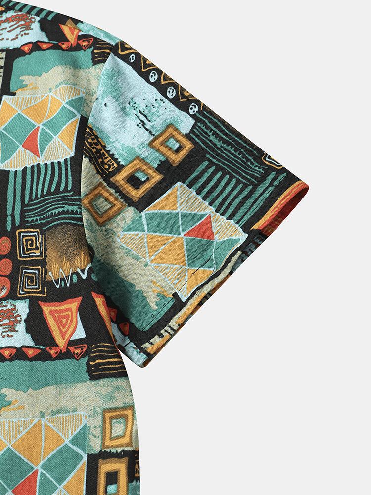 Heren Overhemden Met Kleurrijke Geometrische Print En Etnische Stijl Met Korte Mouwen