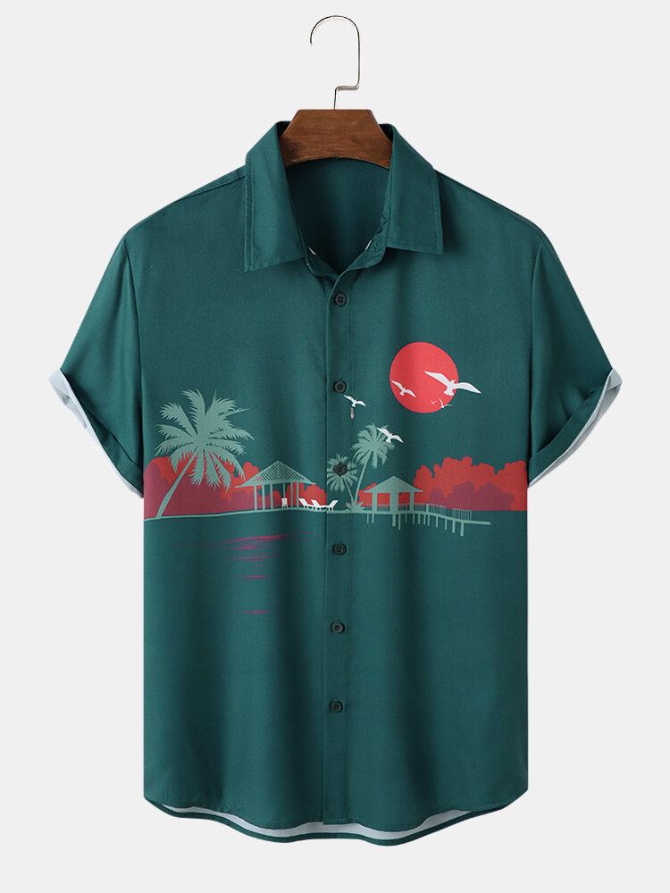Heren Red Sun Kokospalm Print Vakantie Shirts Met Korte Mouwen