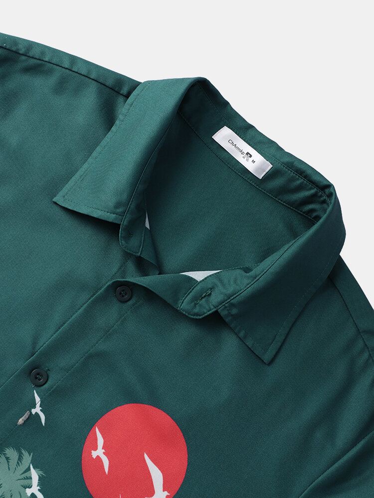 Heren Red Sun Kokospalm Print Vakantie Shirts Met Korte Mouwen