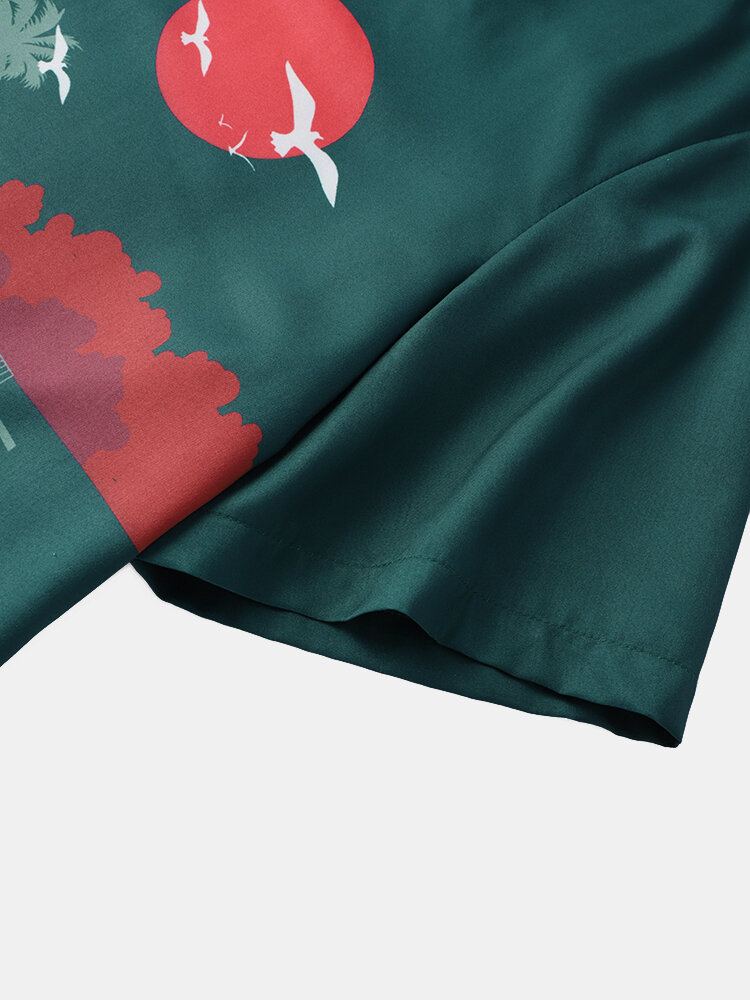 Heren Red Sun Kokospalm Print Vakantie Shirts Met Korte Mouwen