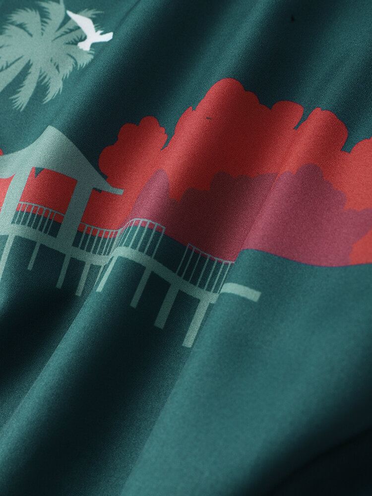 Heren Red Sun Kokospalm Print Vakantie Shirts Met Korte Mouwen