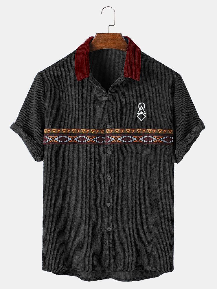 Heren Tribal Print Patchwork Geribbelde Button Up Shirts Met Korte Mouwen