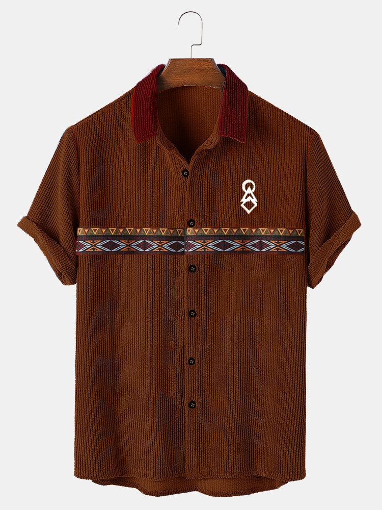 Heren Tribal Print Patchwork Geribbelde Button Up Shirts Met Korte Mouwen