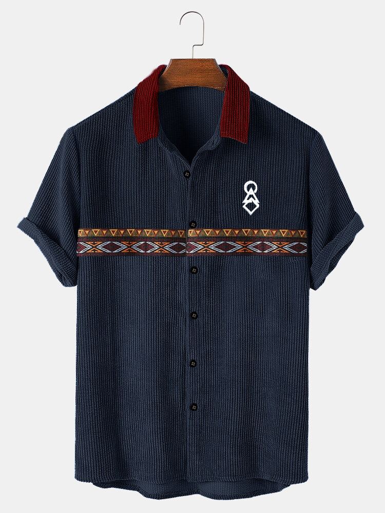 Heren Tribal Print Patchwork Geribbelde Button Up Shirts Met Korte Mouwen