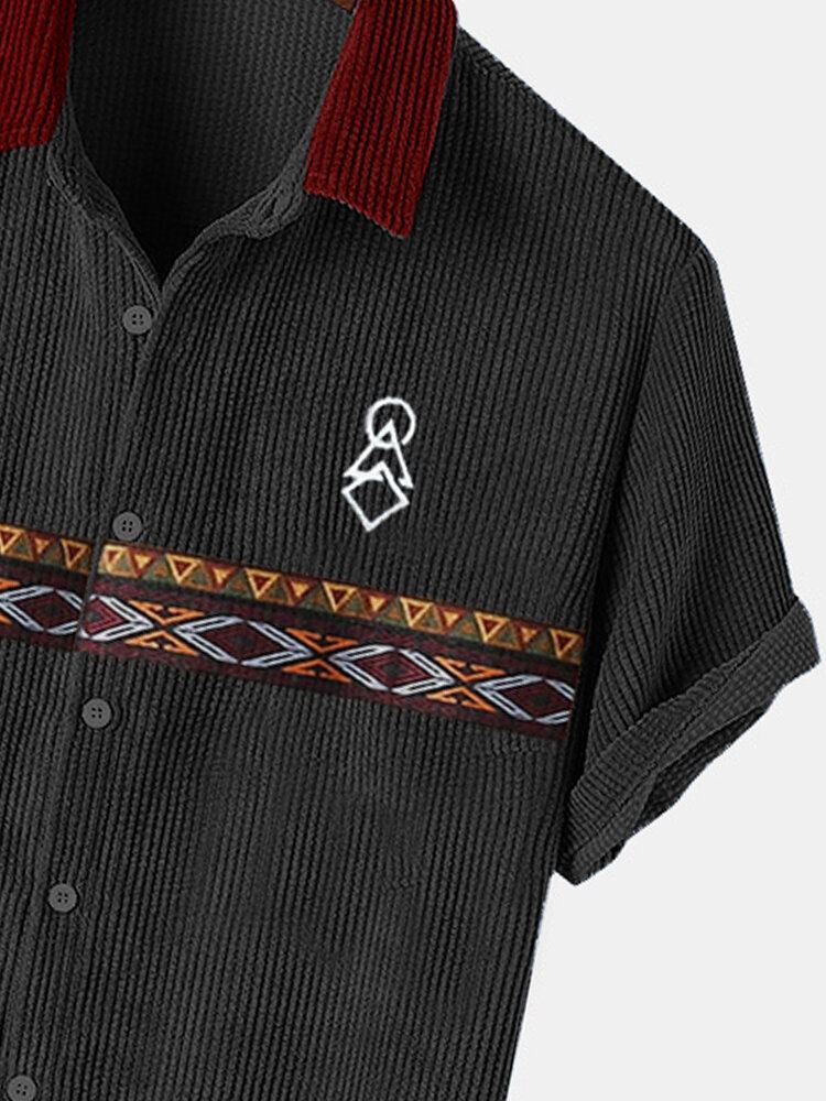 Heren Tribal Print Patchwork Geribbelde Button Up Shirts Met Korte Mouwen