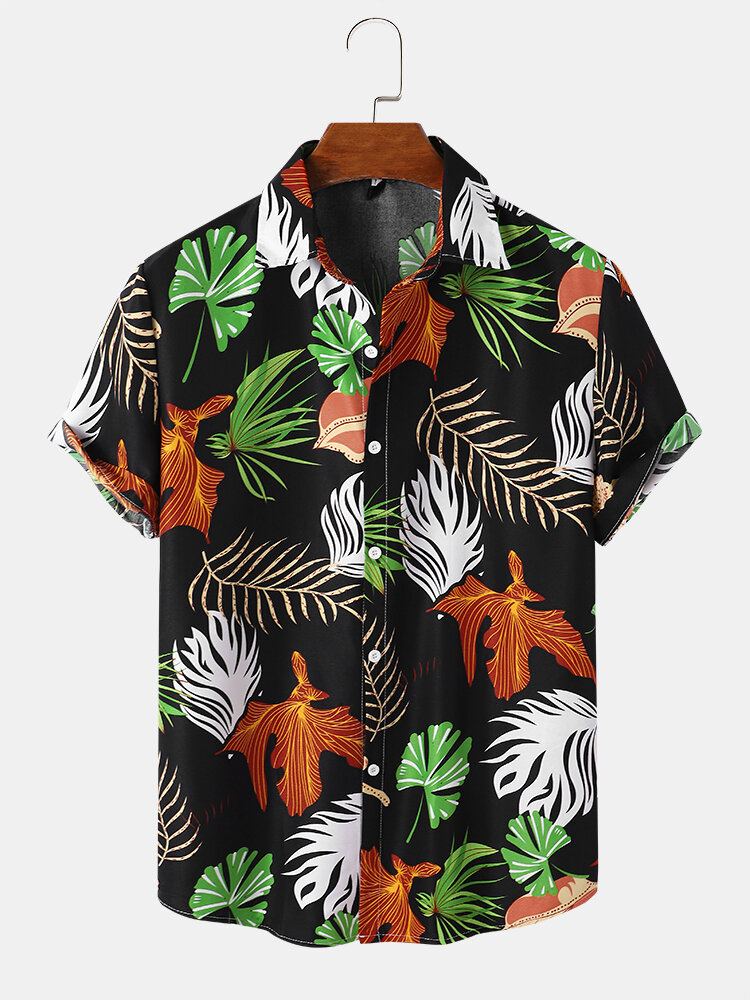 Heren Vintage Tropical Leaf Multi Color Alle Matched Casual Shirts Met Korte Mouwen