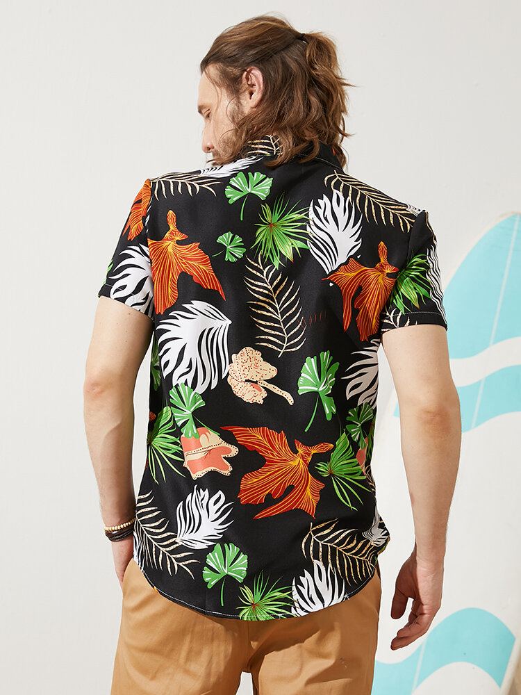 Heren Vintage Tropical Leaf Multi Color Alle Matched Casual Shirts Met Korte Mouwen