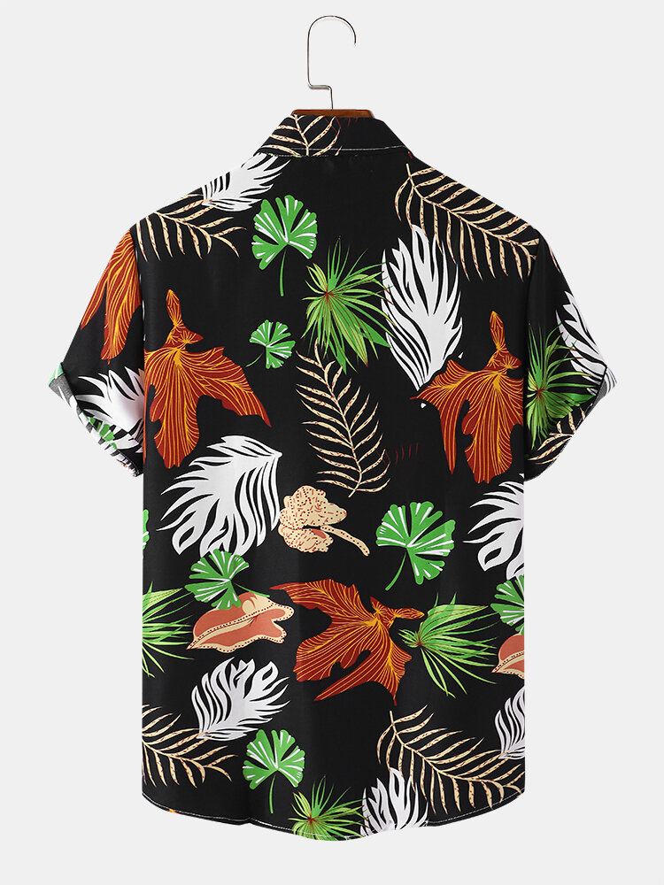 Heren Vintage Tropical Leaf Multi Color Alle Matched Casual Shirts Met Korte Mouwen