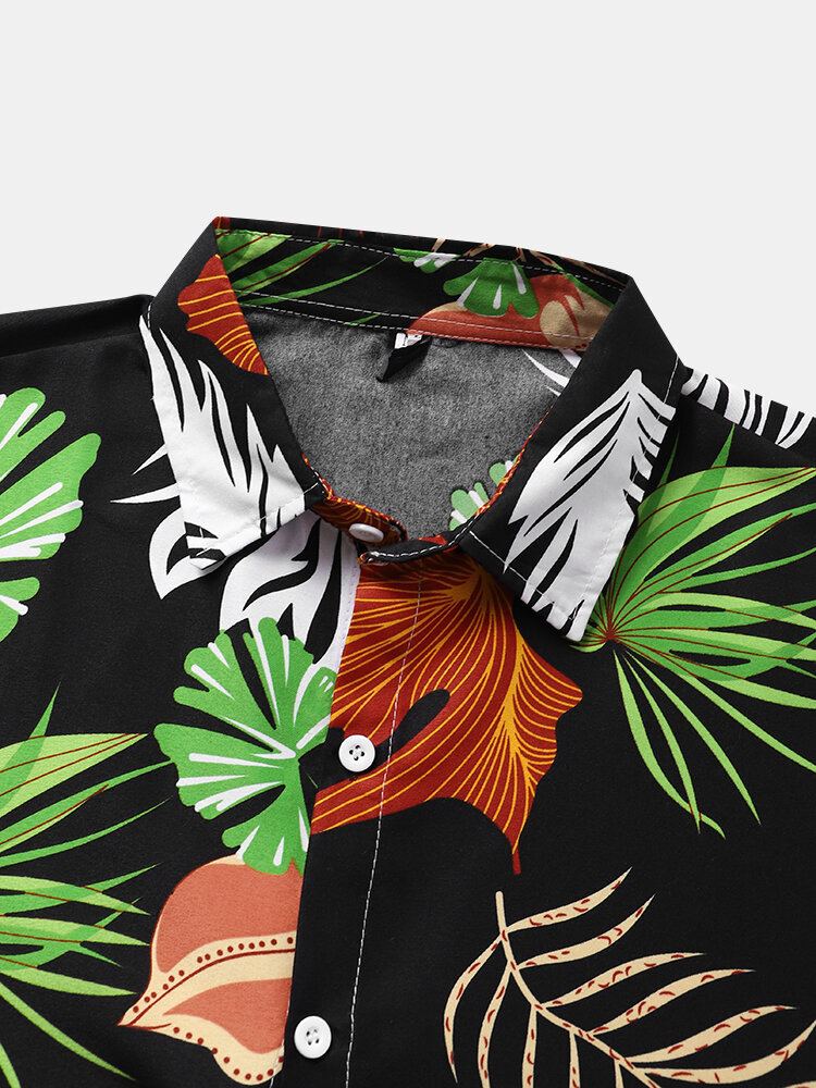Heren Vintage Tropical Leaf Multi Color Alle Matched Casual Shirts Met Korte Mouwen