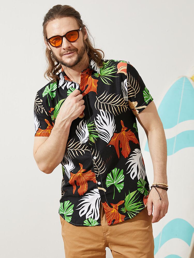 Heren Vintage Tropical Leaf Multi Color Alle Matched Casual Shirts Met Korte Mouwen