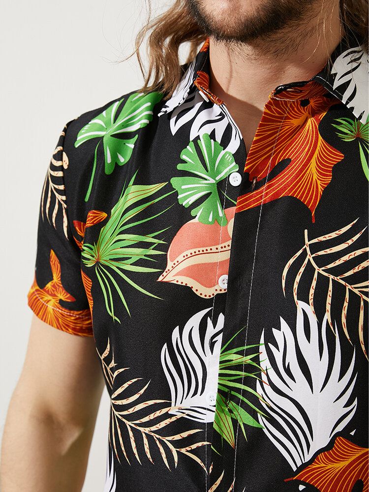 Heren Vintage Tropical Leaf Multi Color Alle Matched Casual Shirts Met Korte Mouwen