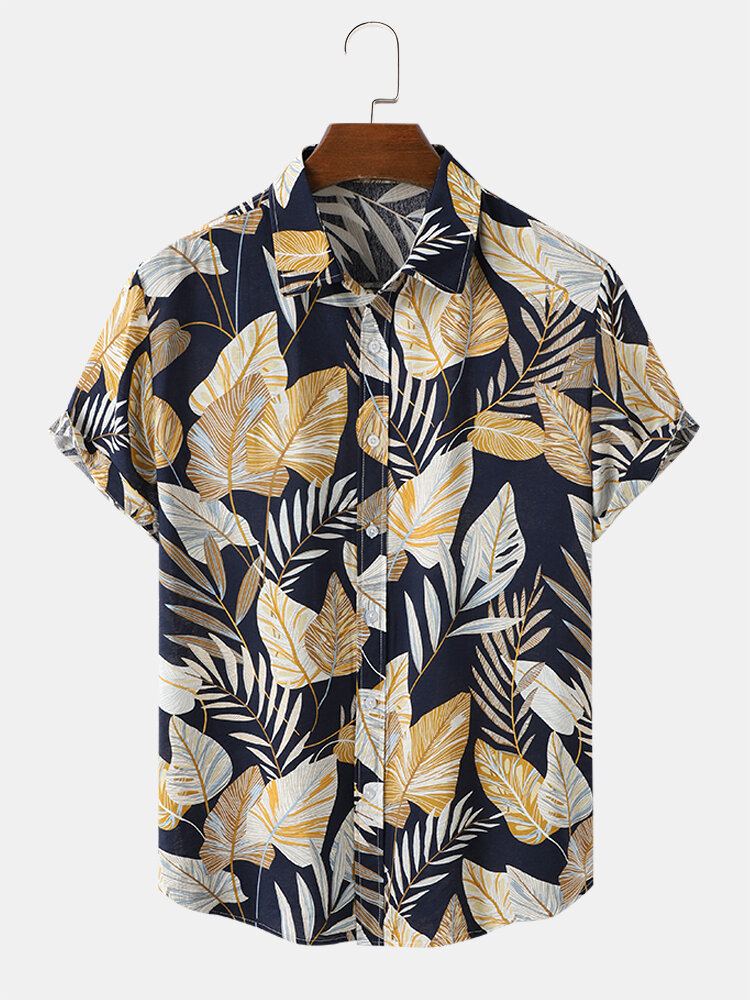 Mannen Bladeren Print Front Knopen Revers Casual Shirts