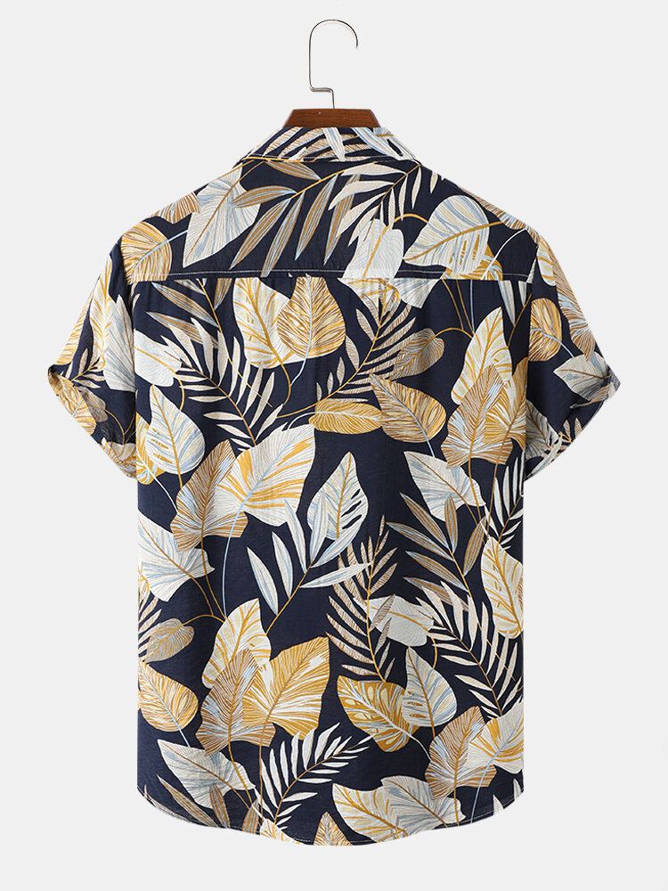 Mannen Bladeren Print Front Knopen Revers Casual Shirts