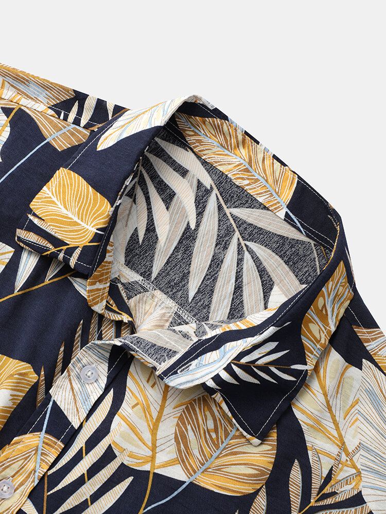 Mannen Bladeren Print Front Knopen Revers Casual Shirts