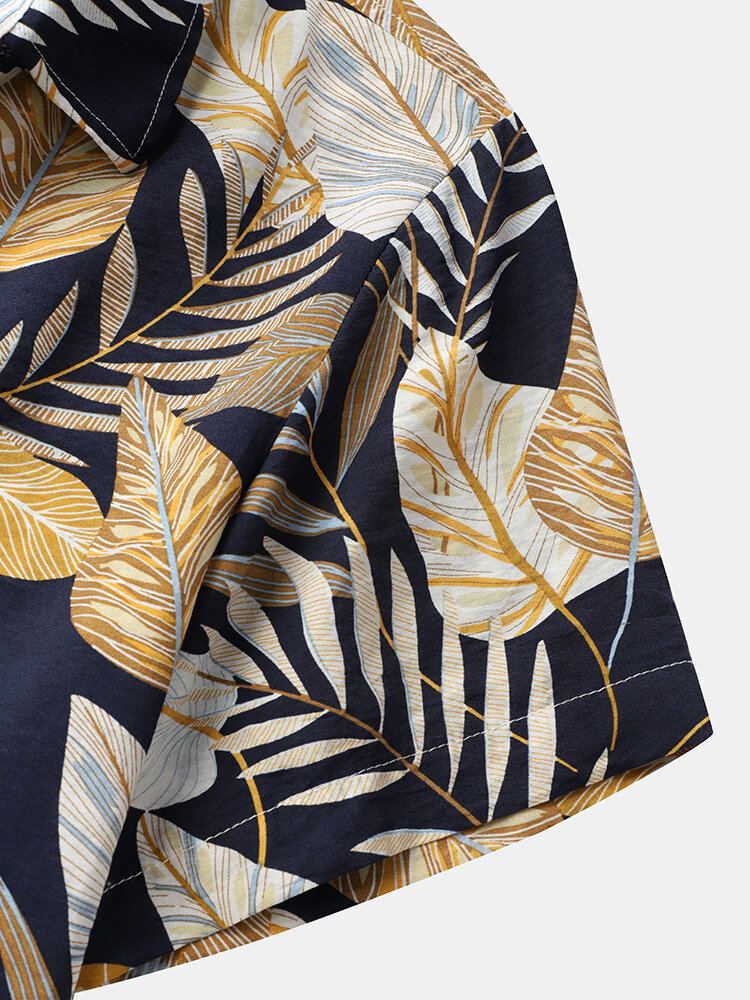 Mannen Bladeren Print Front Knopen Revers Casual Shirts