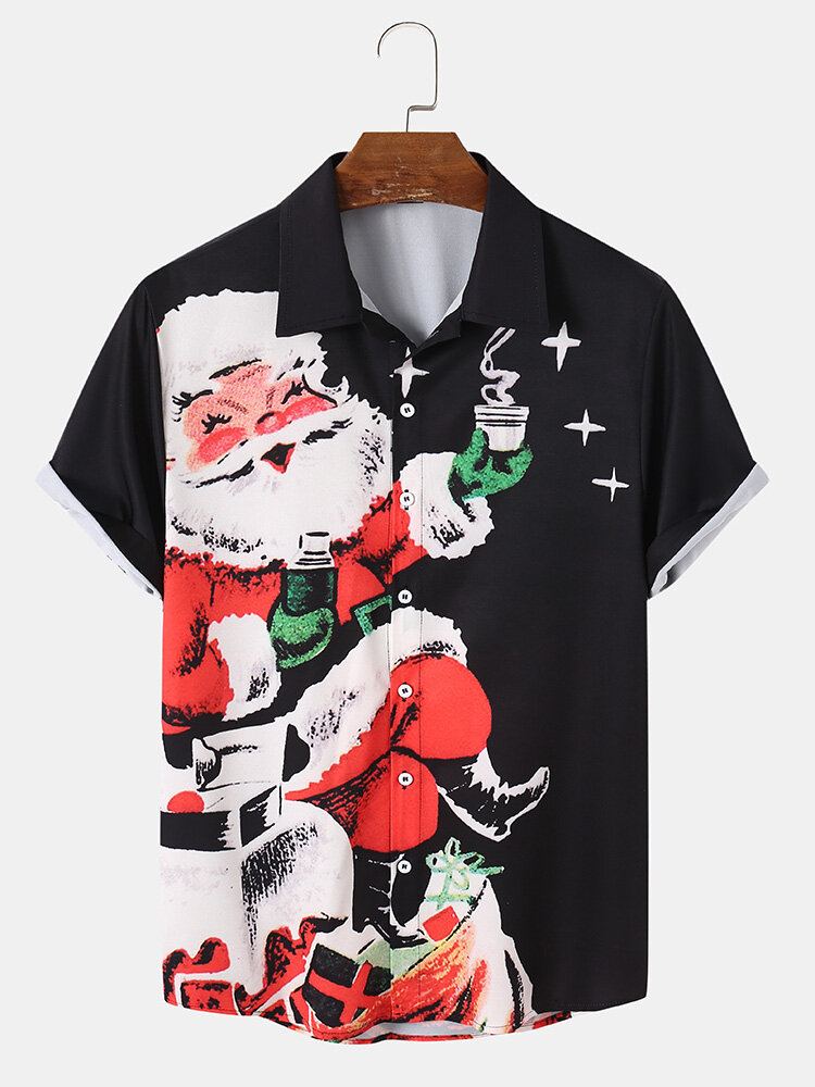 Mannen Kerst Kerstman Reverskraag Korte Mouw Casual Shirts