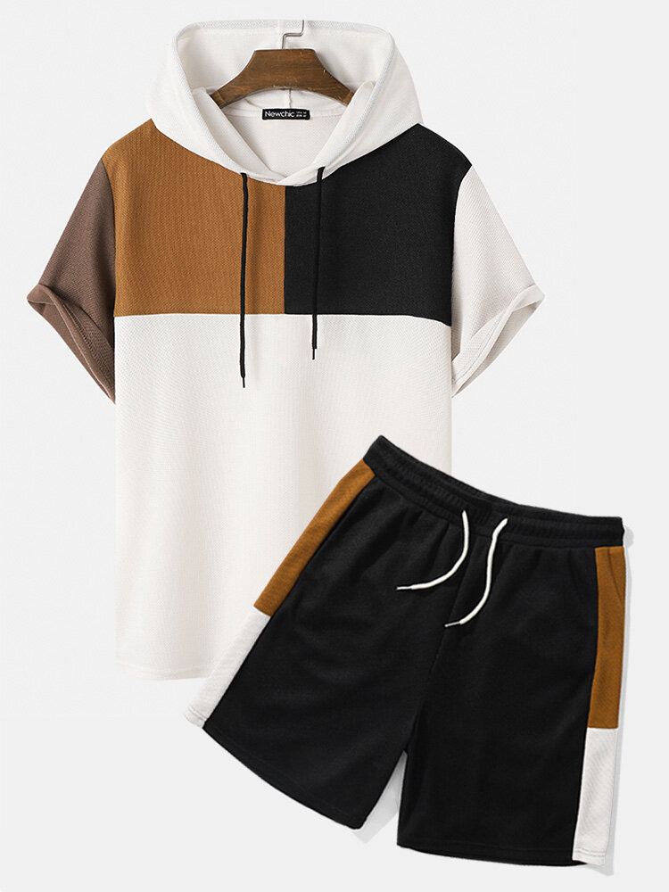 Wafelbreisel Voor Heren Met Capuchon En Patchwork-overhemden Shorts Tweedelige Outfits