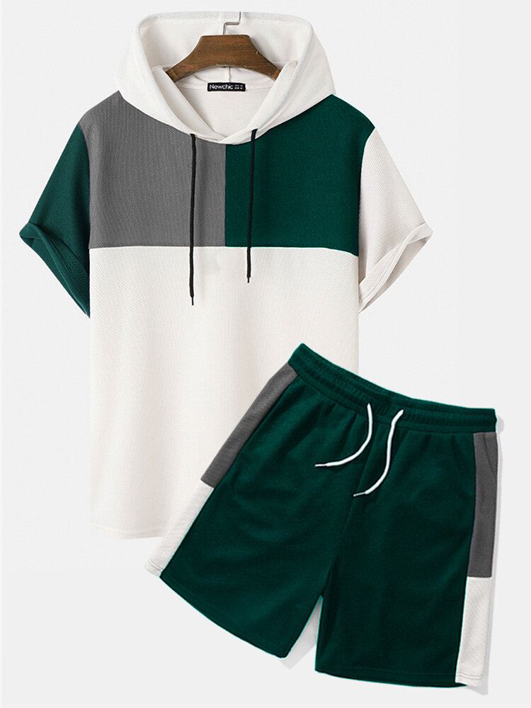 Wafelbreisel Voor Heren Met Capuchon En Patchwork-overhemden Shorts Tweedelige Outfits