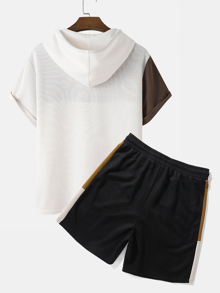 Wafelbreisel Voor Heren Met Capuchon En Patchwork-overhemden Shorts Tweedelige Outfits