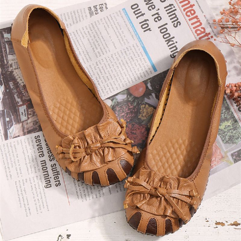 Retro Bloem Decor Rundleer Comfortabele Ronde Neus Zachte Zool Casual Instappers Platte Schoenen