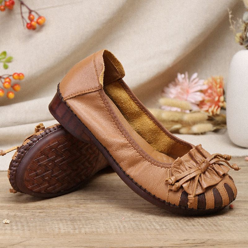 Retro Bloem Decor Rundleer Comfortabele Ronde Neus Zachte Zool Casual Instappers Platte Schoenen