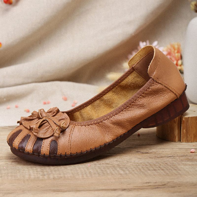 Retro Bloem Decor Rundleer Comfortabele Ronde Neus Zachte Zool Casual Instappers Platte Schoenen