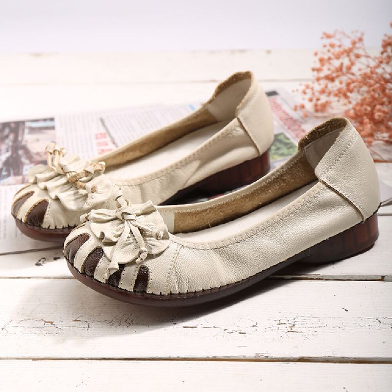Retro Bloem Decor Rundleer Comfortabele Ronde Neus Zachte Zool Casual Instappers Platte Schoenen
