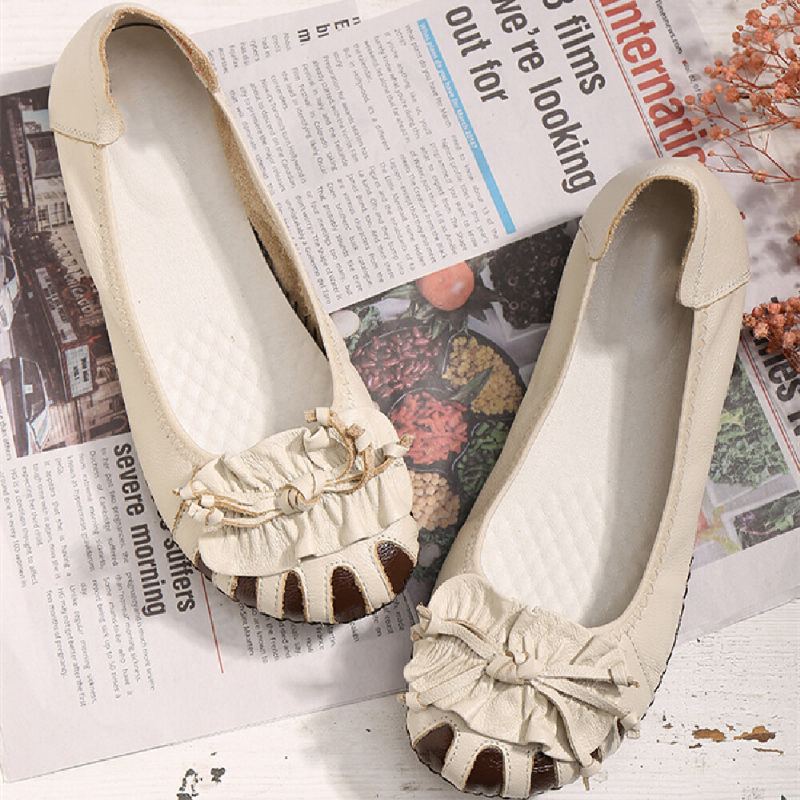 Retro Bloem Decor Rundleer Comfortabele Ronde Neus Zachte Zool Casual Instappers Platte Schoenen
