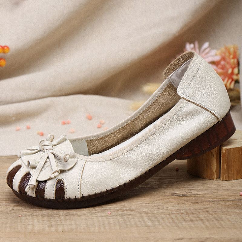 Retro Bloem Decor Rundleer Comfortabele Ronde Neus Zachte Zool Casual Instappers Platte Schoenen