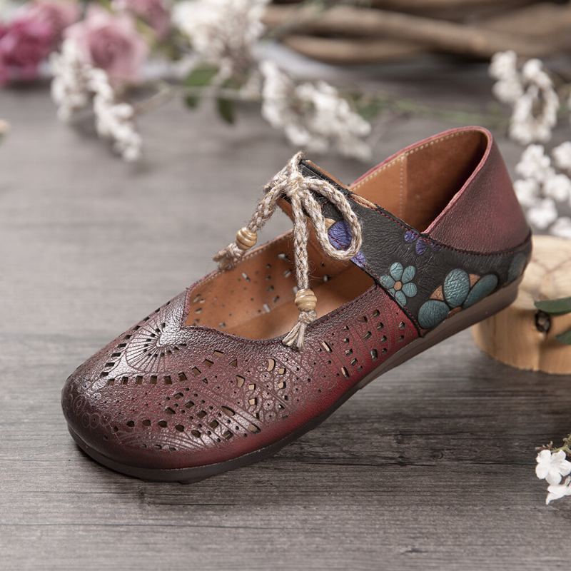 Retro Holle Bloemen Zachte Zool Knoop Ronde Neus Enkelband Platte Schoenen