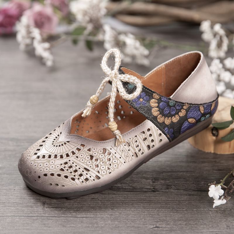 Retro Holle Bloemen Zachte Zool Knoop Ronde Neus Enkelband Platte Schoenen