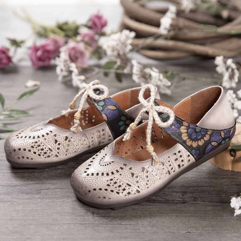 Retro Holle Bloemen Zachte Zool Knoop Ronde Neus Enkelband Platte Schoenen