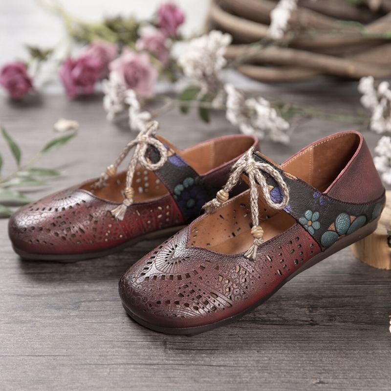 Retro Holle Bloemen Zachte Zool Knoop Ronde Neus Enkelband Platte Schoenen