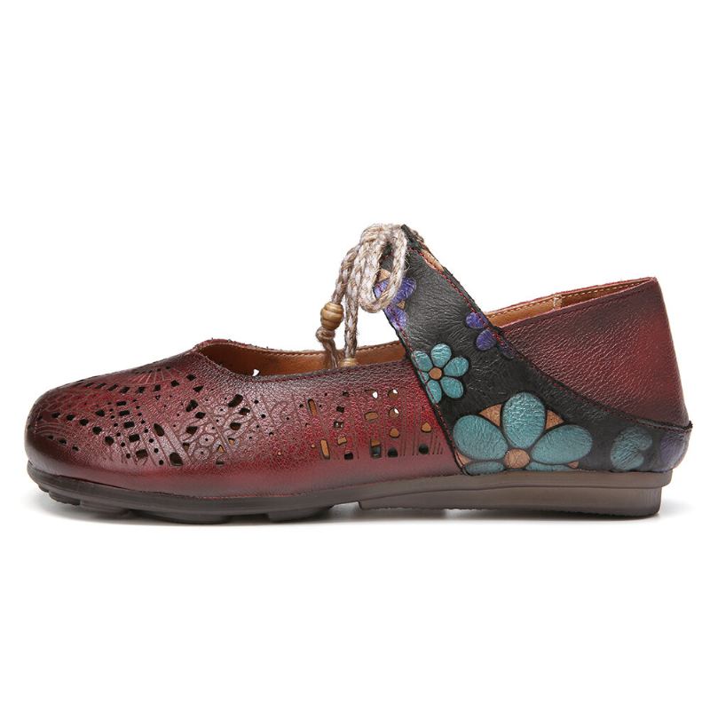 Retro Holle Bloemen Zachte Zool Knoop Ronde Neus Enkelband Platte Schoenen