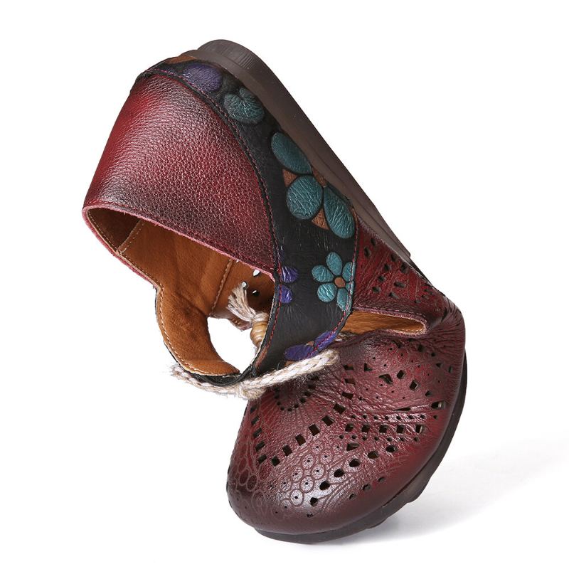 Retro Holle Bloemen Zachte Zool Knoop Ronde Neus Enkelband Platte Schoenen