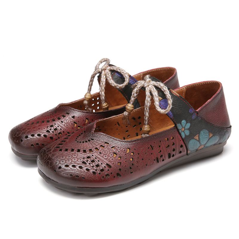 Retro Holle Bloemen Zachte Zool Knoop Ronde Neus Enkelband Platte Schoenen
