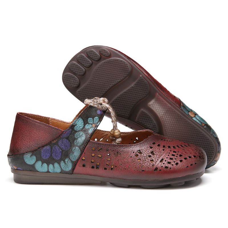 Retro Holle Bloemen Zachte Zool Knoop Ronde Neus Enkelband Platte Schoenen