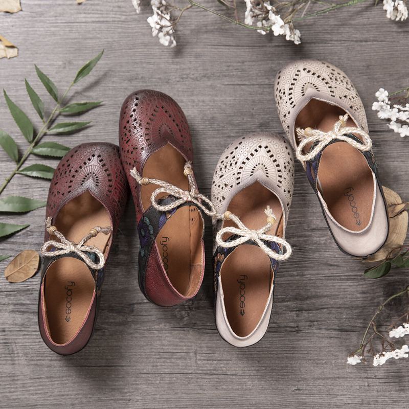 Retro Holle Bloemen Zachte Zool Knoop Ronde Neus Enkelband Platte Schoenen