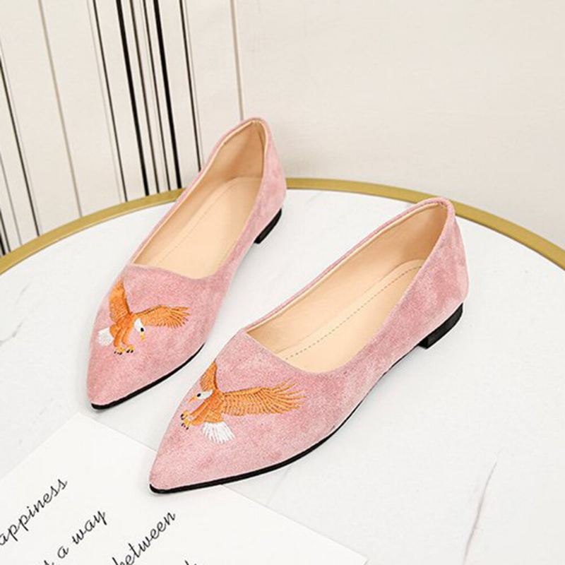 Vrouwen Puntschoen Suède Vogel Geborduurde Decor Flats Schoenen