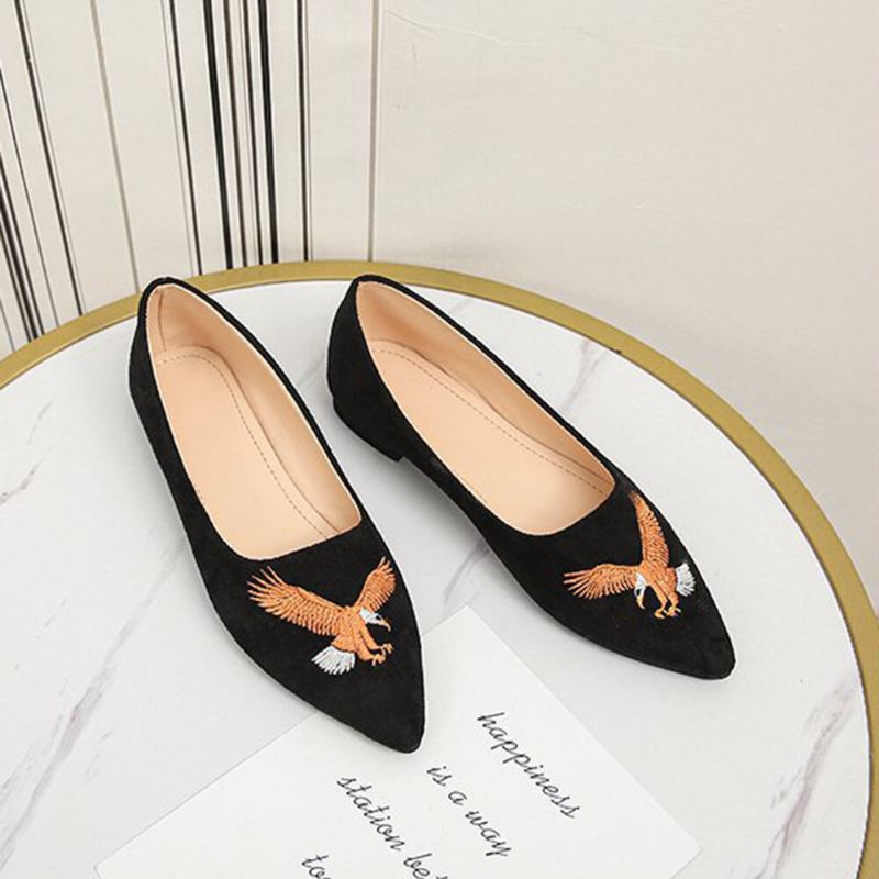 Vrouwen Puntschoen Suède Vogel Geborduurde Decor Flats Schoenen