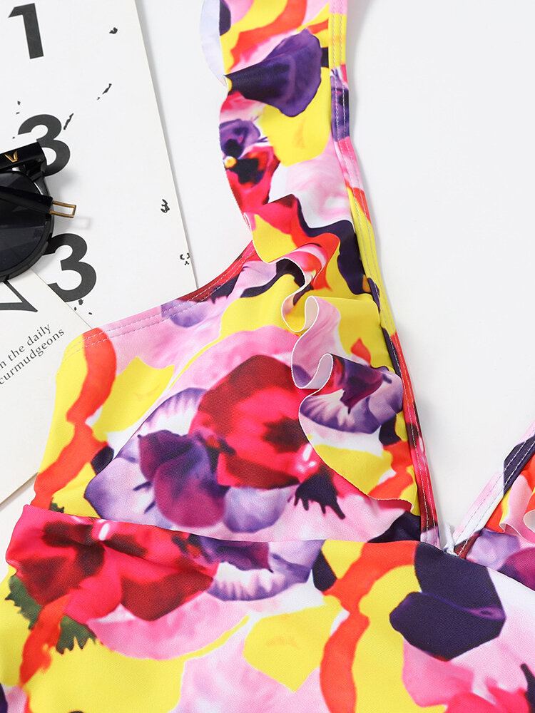 Dames Bloemenprint Ruches Riem Kriskras Ademende Badmode Uit Één Stuk