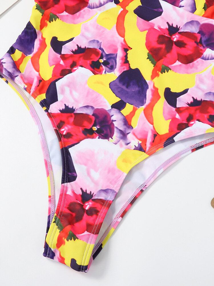 Dames Bloemenprint Ruches Riem Kriskras Ademende Badmode Uit Één Stuk