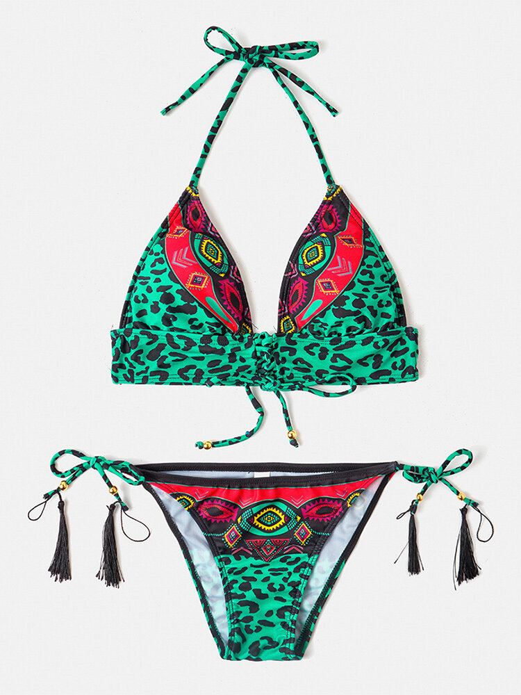 Dames Leopard Patchwork Etnische Print Halter String Bikini Backless Badmode
