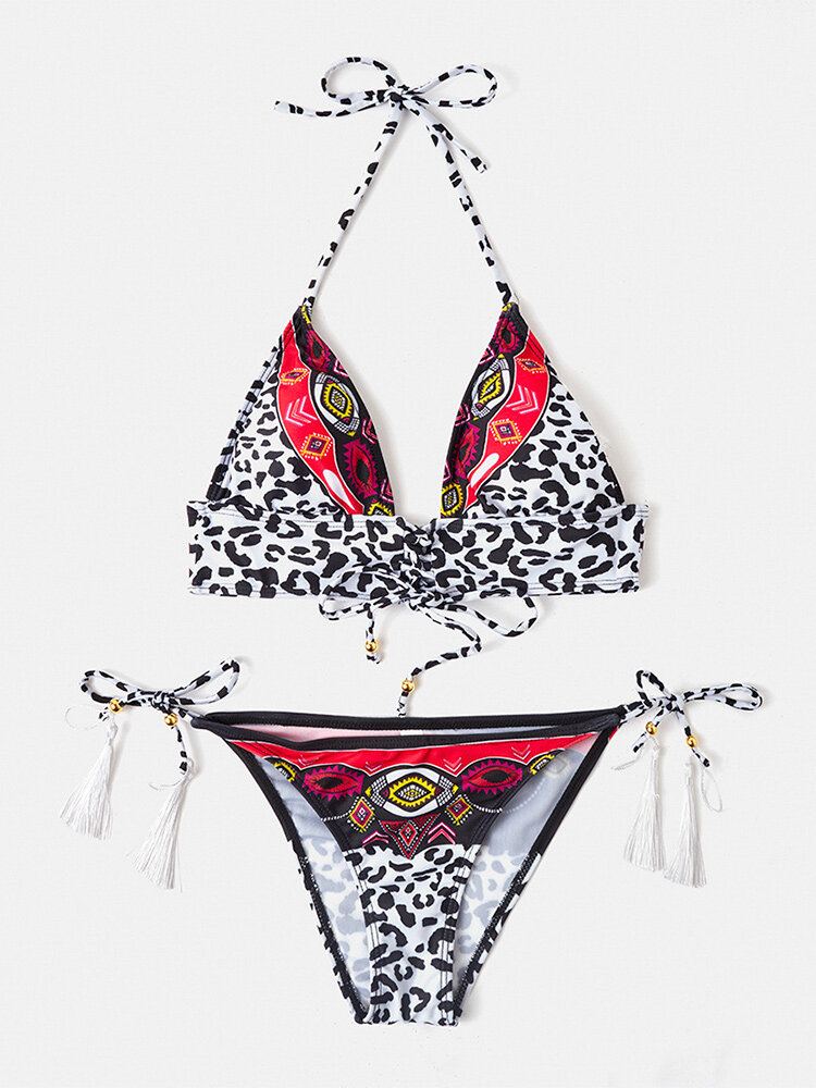 Dames Leopard Patchwork Etnische Print Halter String Bikini Backless Badmode